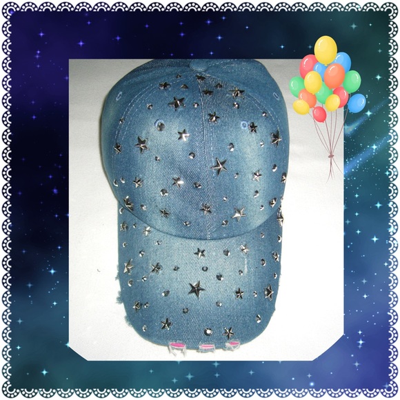 Women’s Glitzy Star & Studs Ball Cap Distressed Denim Blue Style D - Picture 1 of 4